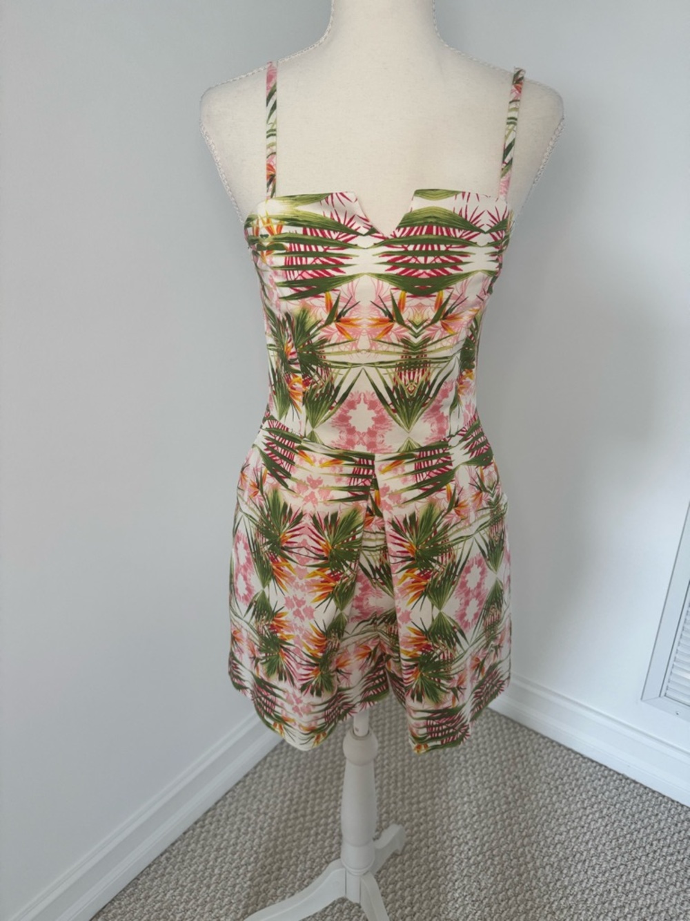 Tropical Print Spaghetti Strap Romper - Pink & Green